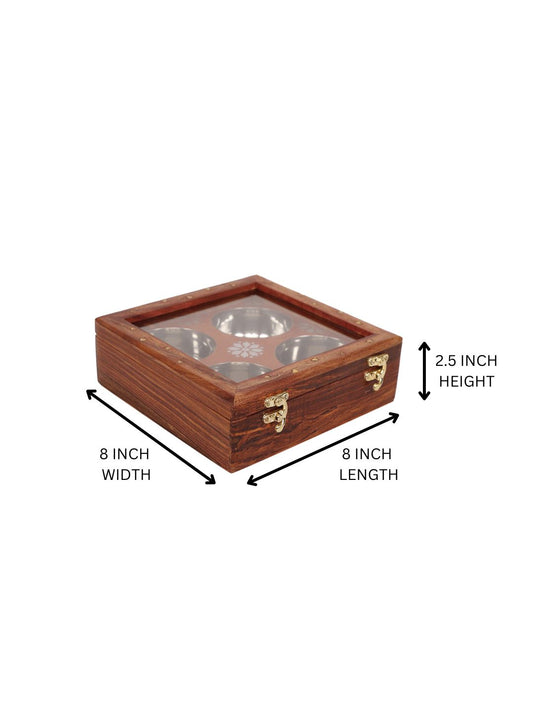 Homeique Handcrafted Wooden Masala Box with 4 Steel Bowls – Decorative Storage Container