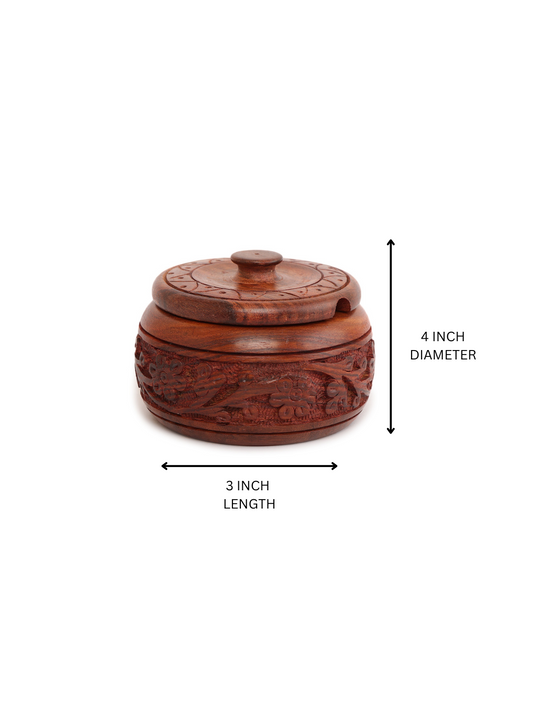 "Hand-Carved Sheesham Wood Decorative  Sugar Bowl with Lid"