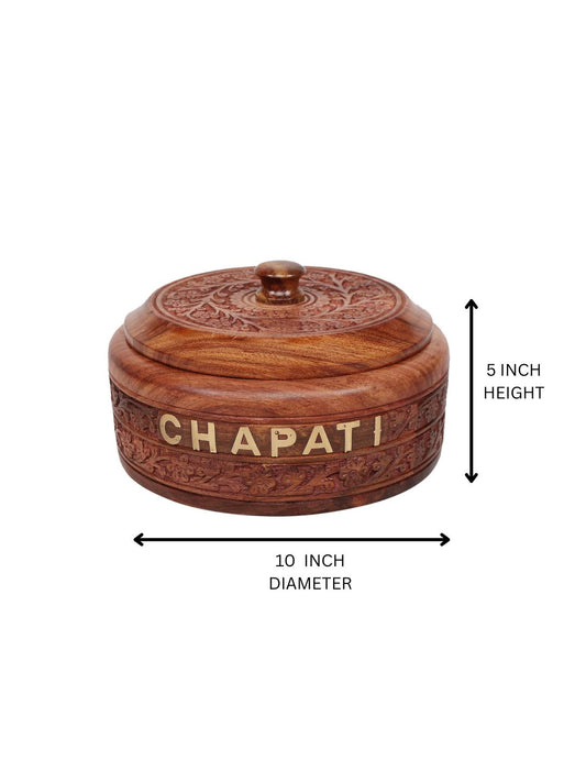 "Handcrafted Wooden Chapati Box  with Carved Design"