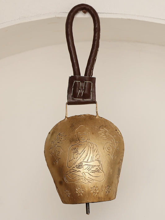 Handcrafted Brass Cowbell with Etched Detail  and Leather Strap - Single Piece