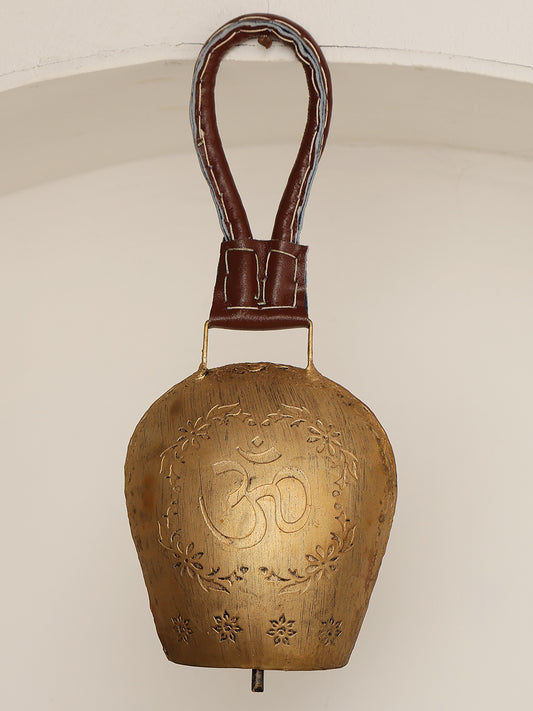 Handcrafted Brass Cowbell with Etched Detail  and Leather Strap - Single Piece