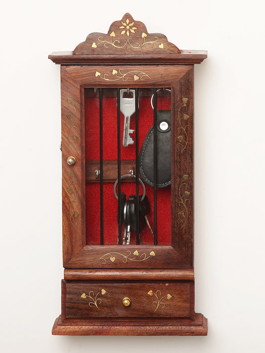 Handcrafted Wooden Wall-Mounted Key Holder with  Decorative Inlay & Bottom Shelf