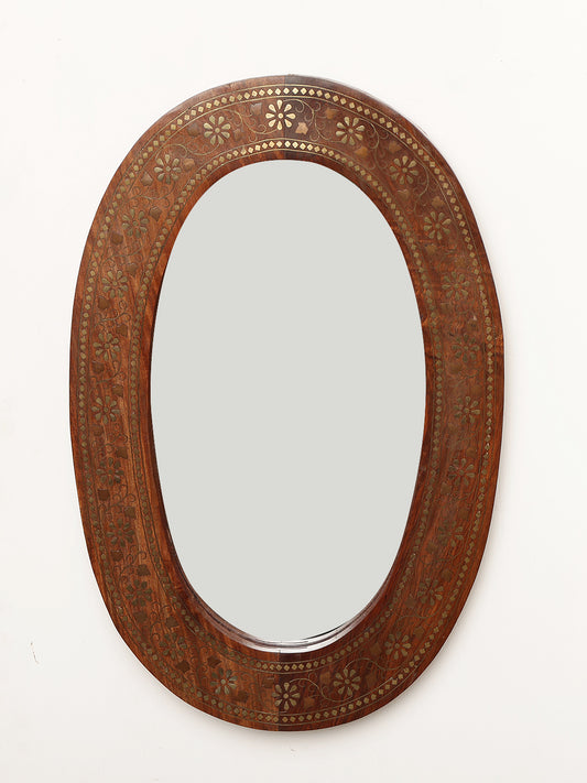 "Handcrafted Oval Wall Mirror with Intricate Inlay Border "