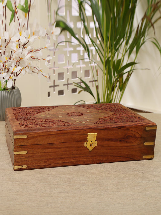 "Handcrafted Wooden Jewelry Box  with Floral Carving"