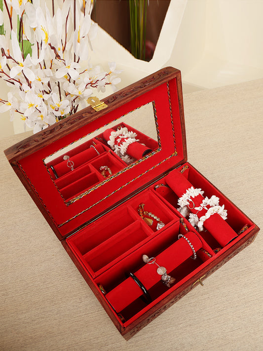 "Handcrafted Wooden Jewelry Box with Floral Carving"