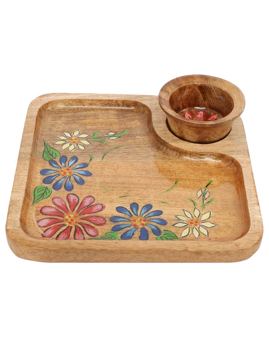 "Hand-Painted Wooden Serving Tray with Attached Condiment Holder "