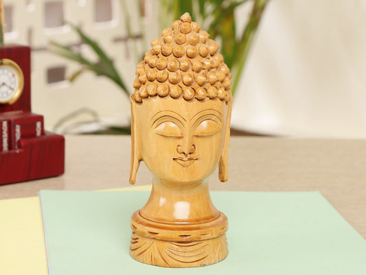 Hand-Carved Wooden Buddha Head Figurine