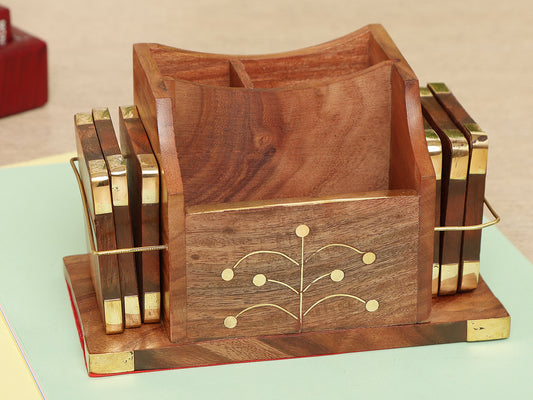 Artisan Carved Wooden Multi-Compartment  Desk Organizer