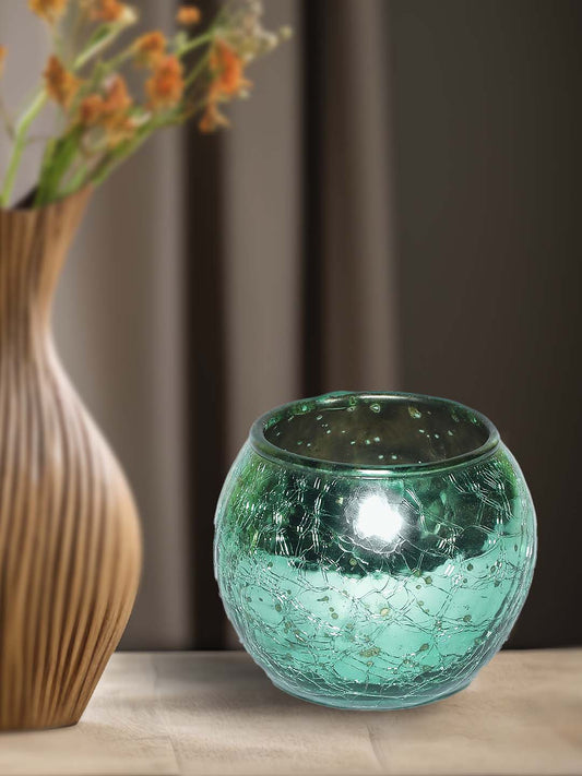 Aqua Glow Crackled Glass Candle Holder