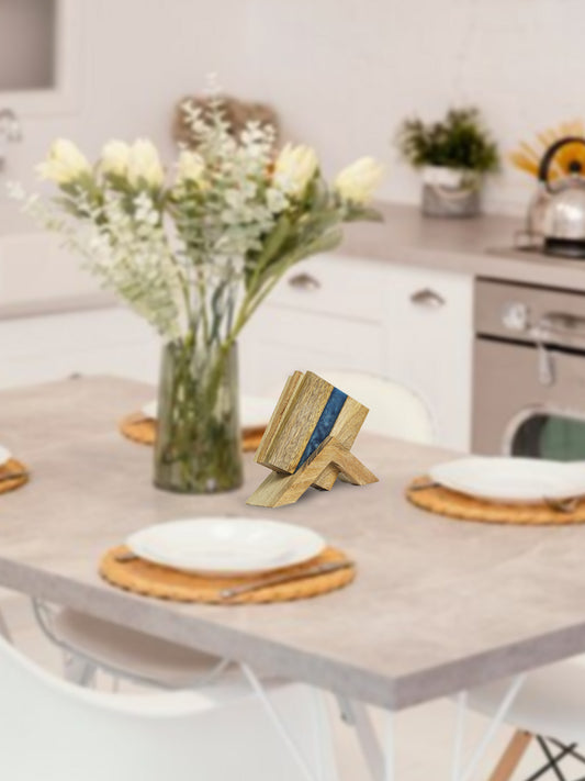 Blue Square Wooden Coasters for Home and Office Decor, Heat Resistant Drink Coasters for Coffee Table | Rustic Coasters for Wooden Table |