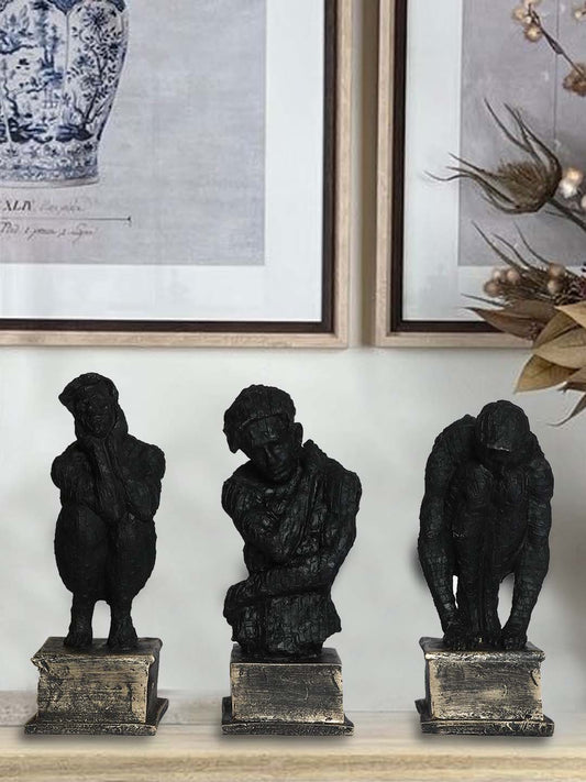 Decorative Bricked Man Showpiece Statue Table Accent for Home Décor Living Room Bedroom Hall Craft Decoration Items (Set of 3, Black),, Resin