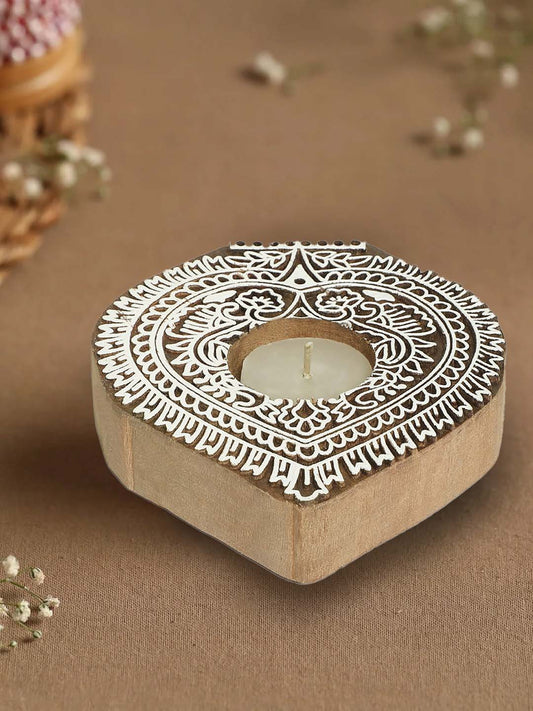 Leaf Wooden Block Print Diya/Candleholder, Large
