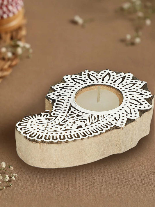 Wooden Block Print Tea Light Candle Holders for Diwali, Leaf Shape, Handmade Light for Deepawali Decoration Items, Deepak for Goddess Worship