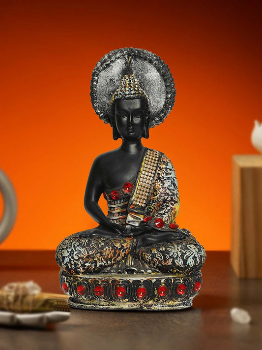 Meditating Sitting Buddha Statue showpiece Idol Home Decor Items for Living Room and Gifts | Polyresin Buddha Statue (Black with Multi Color)