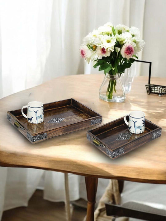 Wooden Serving Tray | Handcrafted Mango Wood | Decorative Kitchen & Dining Table Tray | (T4, 16X11X2 (INCH))