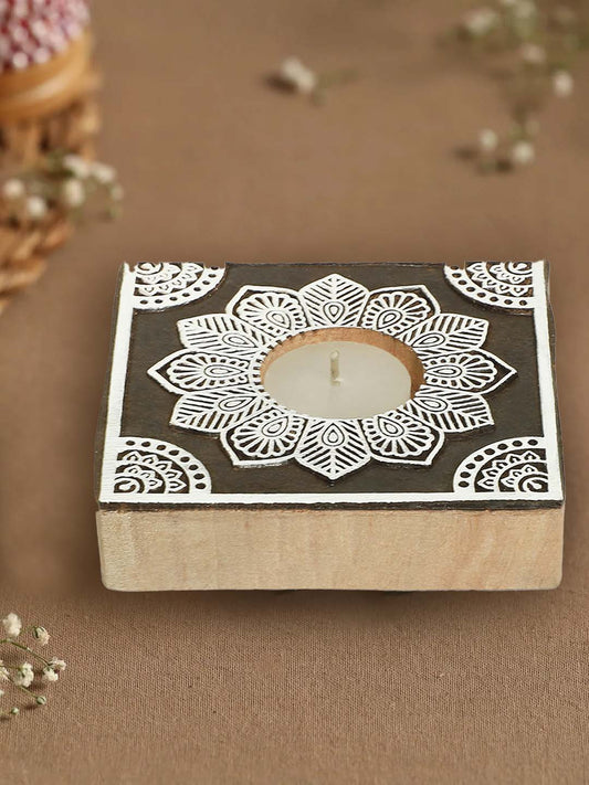 Wooden T Light Candle Holder: Unique Printing Block Rangoli Design