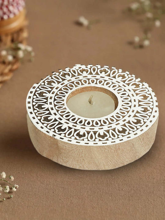 Round Shaped Block Printing Tea Light Wooden Candle/Diya Holder