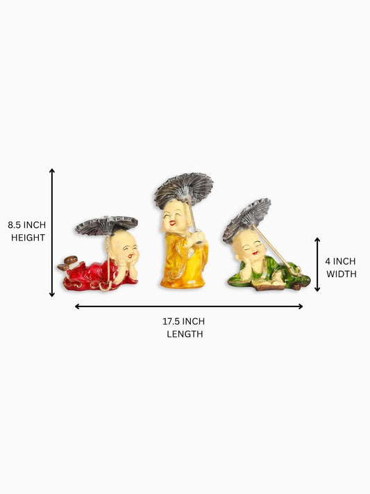 Happy Buddha Monk Statues with Umbrella | Feng Shui Monk Figurine Showpiece - Set of 3 - Home Decor | Resin - Multi - 6.75" Inches