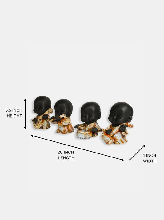 Cute Monk Figurines Playing Musical Instruments, Set of 4(Black & Gold) Decorative Showpiece