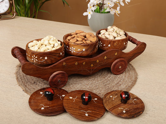 Homeique Handcrafted Wooden Dry Fruit  Trolley with 3 Jars – Decorative Storage Cart (Brown)