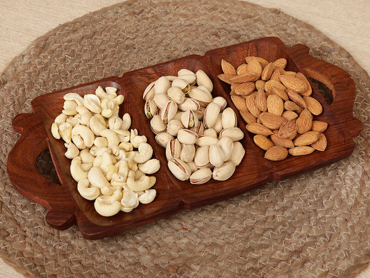 Homeique Handcrafted Sheesham  Wood 3-Section Serving Tray with Handles