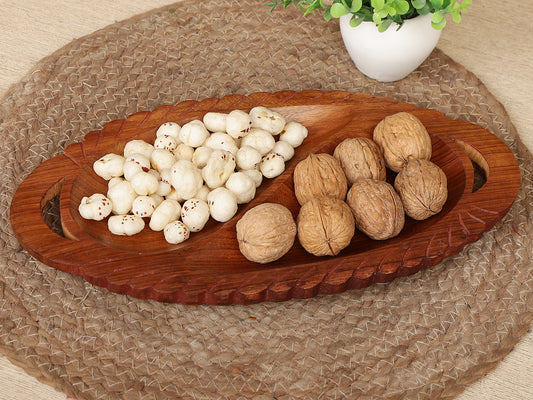 Homeique Handcrafted Sheesham Wood Leaf-Edge  Dual-Section Serving Tray