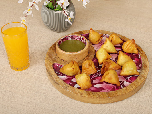 Homeique Round Wooden Floral Printed Serving Platter with Dip Bowl