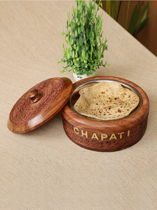 "Handcrafted Wooden Chapati Box  with Carved Design"