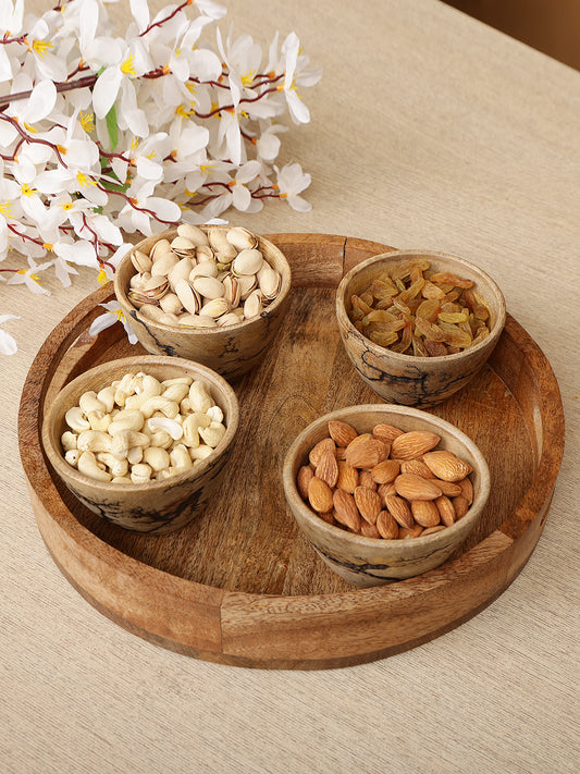 Handcrafted Wooden Serving Platter with Four Attached Bowls
