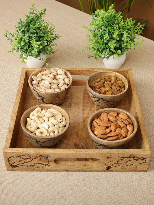 Handcrafted Wooden Rectangular Serving Trays  with Four Bowls Carved Animal Motifs