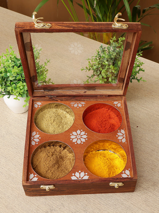 Homeique Handcrafted Wooden Masala Box with 4 Steel Bowls – Decorative Storage Container