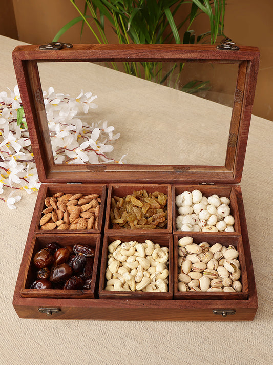 Homeique Premium Wooden Dry Fruit Box with Glass Lid – 6 Section Storage Organizer