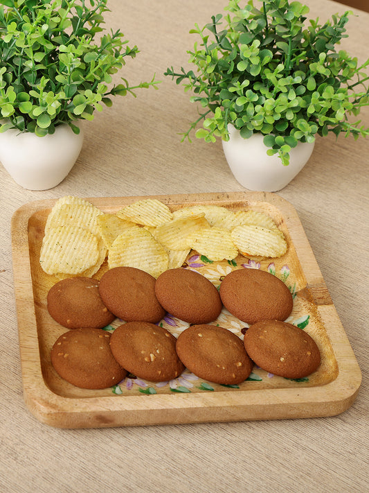 Hand-Painted Wooden Serving Tray with Floral Motifs - Single Piece