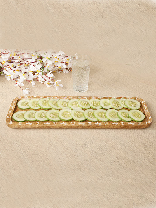 Handcrafted Wooden Rectangular Serving  Tray with Delicate Carved Border