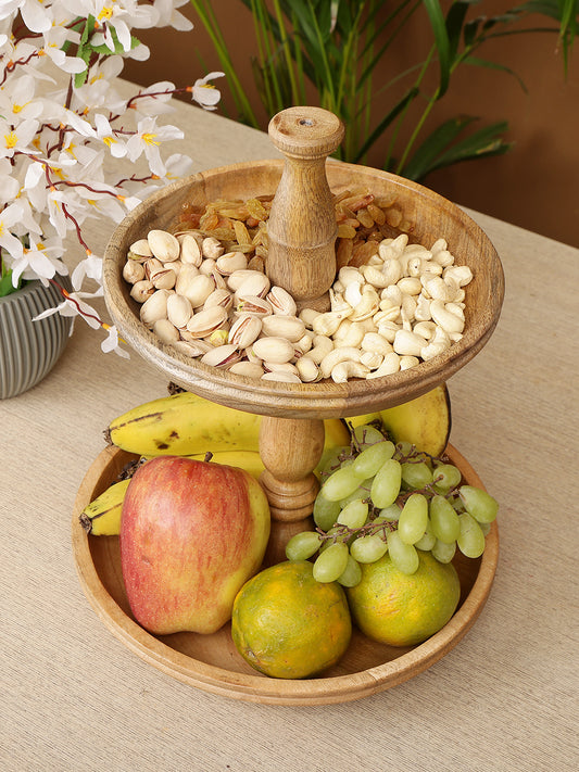 Handcrafted Wooden Two-Tier Fruit Stand with Rustic Central Handle