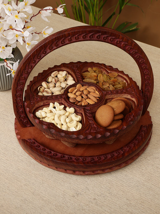 "Hand-Carved Wooden Folding Fruit Bowl  & Decorative Centerpiece"