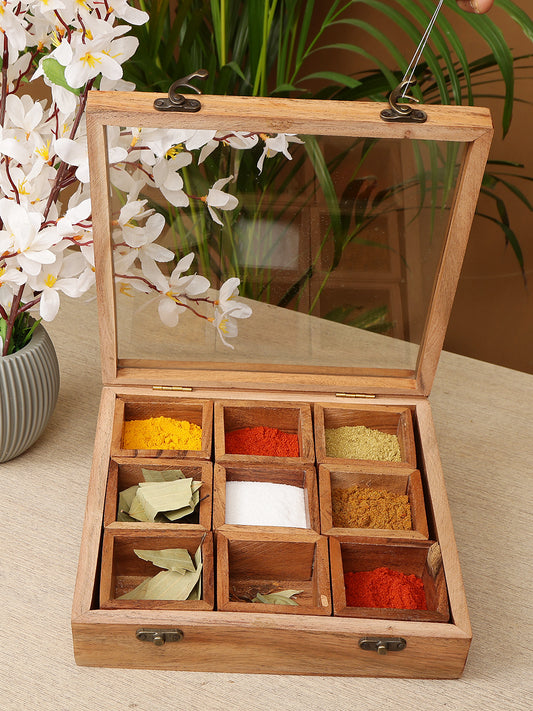 "Handcrafted Wooden Spice Box with  Multiple Compartments & Lid"