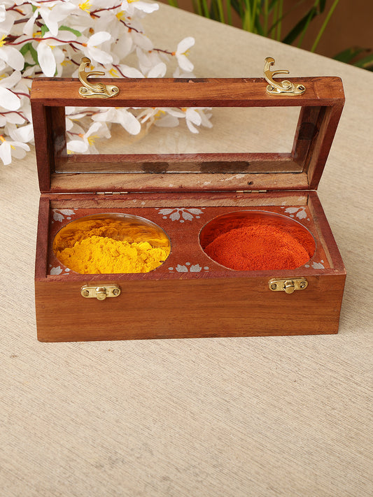 Homeique Handcrafted Wooden Masala Box  with Fixed 2 Steel Bowl Compartments