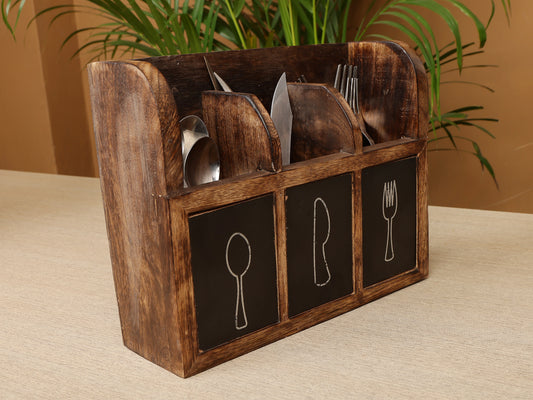 Homeique Rustic Wooden Cutlery Organizer with  ChalkboardUtensil Design – 3 Compartment