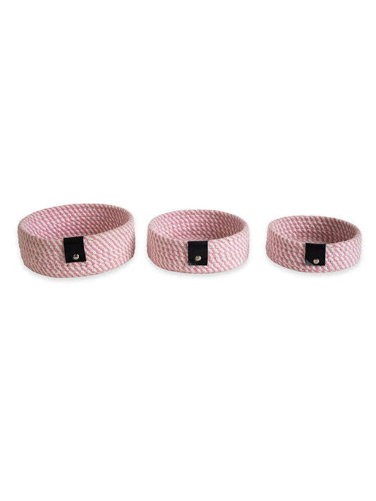 Pure Pink Natural Cotton Rope Round Storage Handmade Shelf Basket For Home And Kitchen, Office Bedroom, Multipurpose Use Storage Basket,(Small, Medium, Large), Pack Of 3 (Pink)