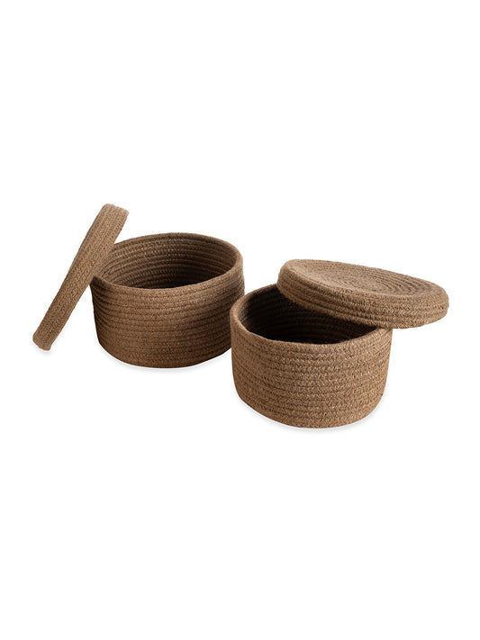 Baskets with Lids -Decorative Jute Baskets with Lids for Organizing - Natural Jute Rope Lidded Baskets with Genuine Leather Tabs - Storage Baskets with Lids (BAIGE SET OF 2)