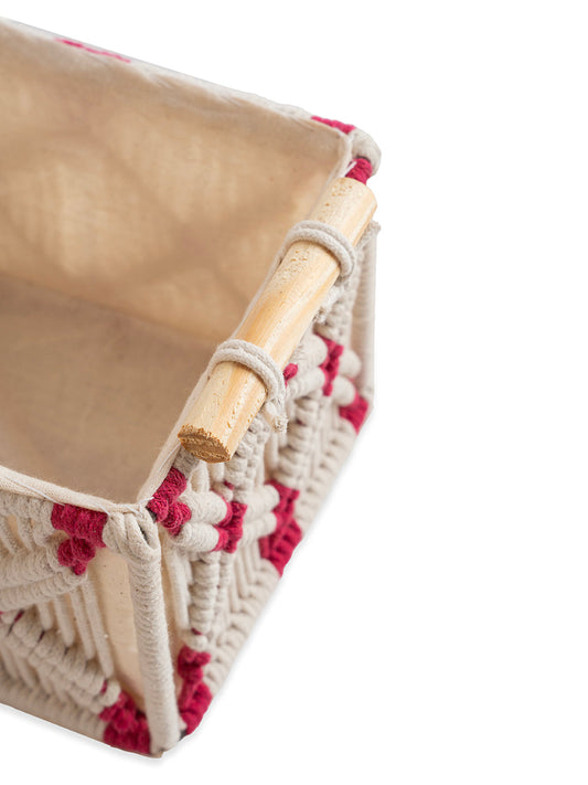 Macrame Storage Basket with Wooden Handles | Boho Home Decor Storage Baskets Tray Cotton Lined for Organizing | Hamper Basket for Gifting (Pink)