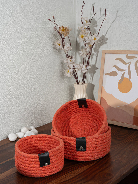 Pure brick Natural Cotton Rope Round Storage Handmade Shelf Basket For Home And Kitchen, Office Bedroom, Multipurpose Use Storage Basket,(Small, Medium, Large), Pack Of 3 (Brick)