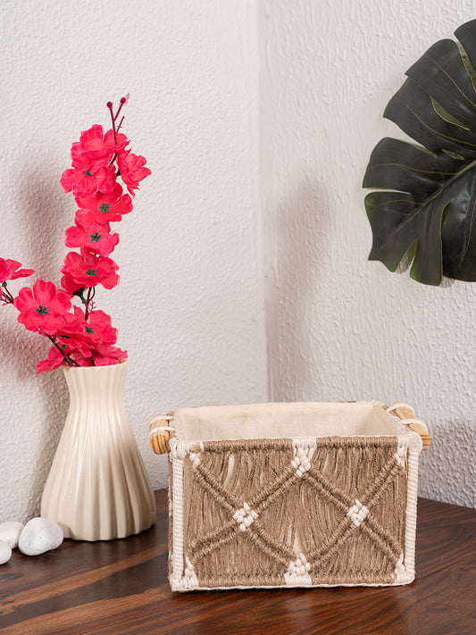 Macrame Storage Basket with Wooden Handles | Boho Home Decor Storage Baskets Tray Cotton Lined for Organizing | Hamper Basket for Gifting (White))