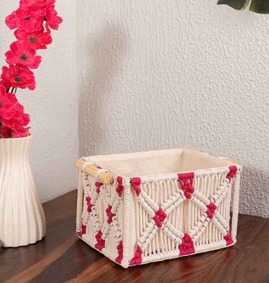 Macrame Storage Basket with Wooden Handles | Boho Home Decor Storage Baskets Tray Cotton Lined for Organizing | Hamper Basket for Gifting (Pink)