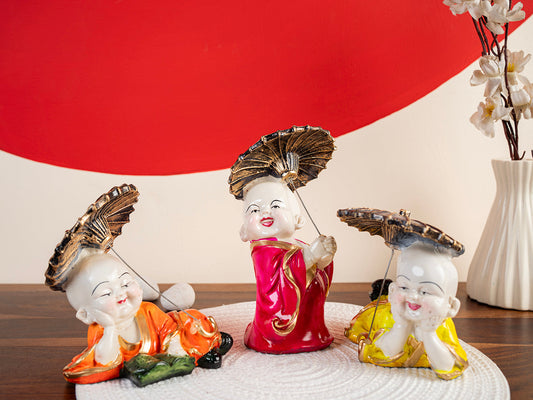 Happy Buddha Monk Statues with Umbrella | Feng Shui Monk Figurine Showpiece - Set of 3 - Home Decor | Resin - Multi - 6.75" Inches