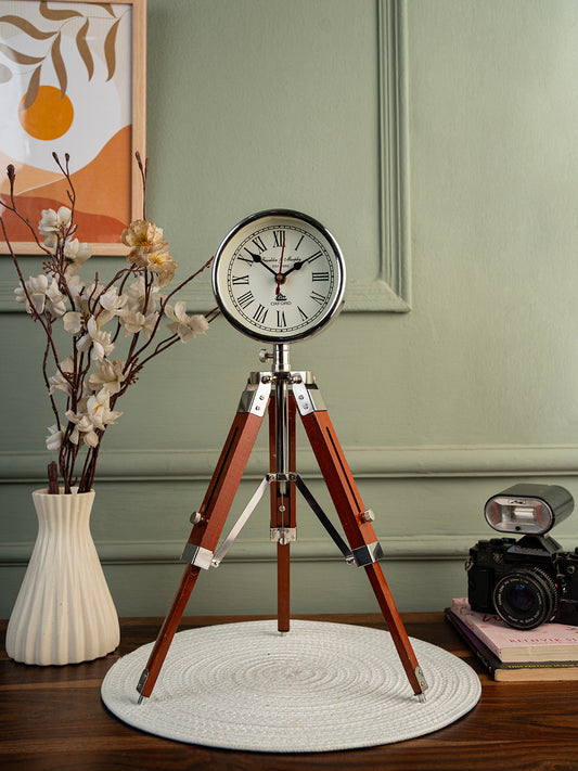 Handmade Wooden Table Clock with Adjustable Tripod Stand Heavy Quality (Brown), Tripod 5 inch Clock for Office & Home Decor, Living Room