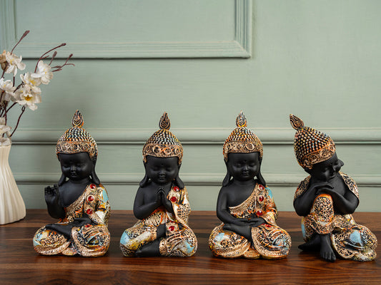Maditation Monk Set of 4 Little Baby Monk Buddha Idols Table Decorations Items Decorative Items for Room in Racks 5 cm (Polyresin,Stone,Black)