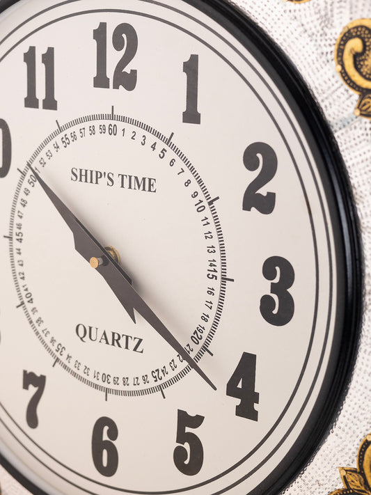 Classic Ship’s Time Wall Clock with Decorative Plastic Frame (White & Gold)
