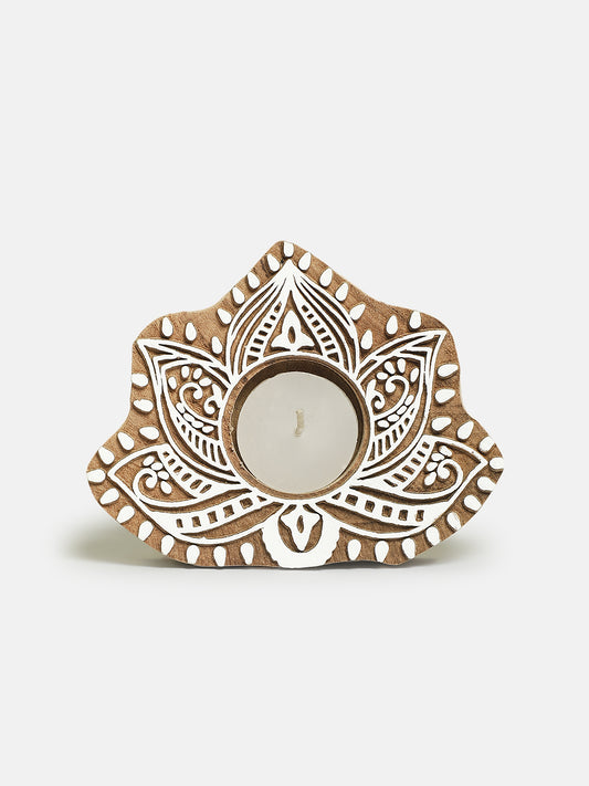 Wooden Tea Light Candle Holder Stand for Diwali Handpainted Wooden Block Print Leaf Shaped Light for Deepawali Decoration Items Candle Holder for Indoor Decor